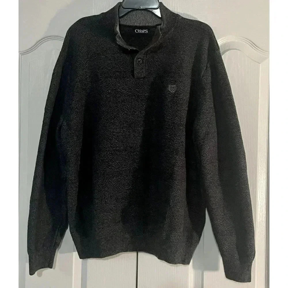 Chaps Twist Mock Neck Dark Gray Sweater Men Size 2XL 100% Cotton 1/4 Button